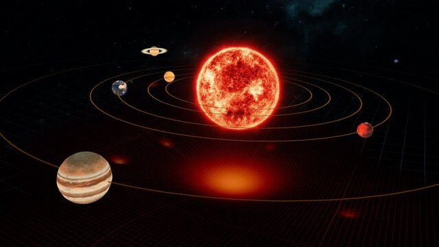 Gravity wireframe simulation in cosmos. Theory of Relativity in the Solar System. 3d animation of gravity force field grid of sun and orbiting planets. Reveal shot with Jupiter and grid in foreground.
