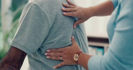 Hands of physiotherapist, massage or physiotherapy for back pain to help in physical therapy rehabilitation. Chiropractic closeup, consulting or chiropractor healing spine, body or muscle injury - Powered by Adobe