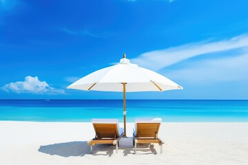 Two lounge chairs with parasols on the beach. generative ai