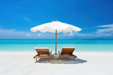 Two lounge chairs with parasols on the beautifu beach. Generative ai