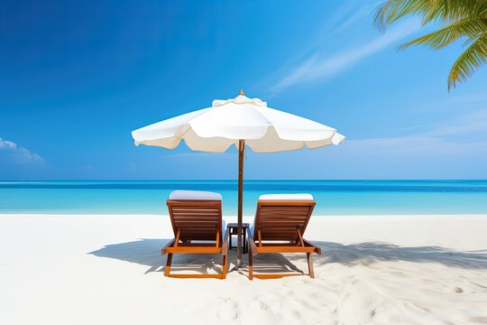 Two lounge chairs with parasols on the beach. generative ai