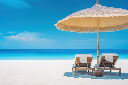 Two lounge chairs with parasols on the beautifu beach. Generative ai