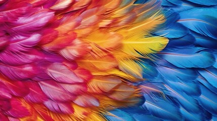 Fototapeta na wymiar Generative AI, Beautiful rainbow colorful closeup feathers, photorealistic background, top view, aerial view.