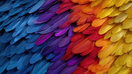 Fototapeta premium Generative AI, Beautiful rainbow colorful closeup feathers, photorealistic background, top view, aerial view.