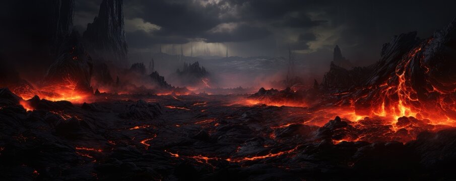 Active vulcano outbreak lava in big shaped mountains, fog all around, close upon  lava, panorama.