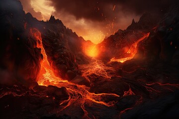 Active vulcano outbreak lava in big shaped mountains, fog all around, close up on lava.