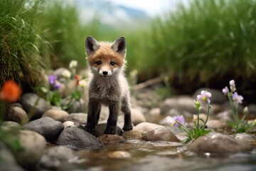 Naklejka na ściany i meble portrait of a cute tiny little fox in natural environment, ai tools generated image