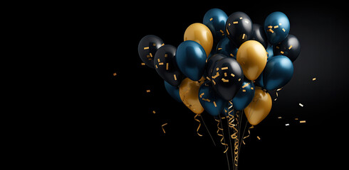 Black and blue balloons with golden confetti on black background. 3D Rendering, 3d render of blue and golden balloons with confetti on Black background, AI Generated
