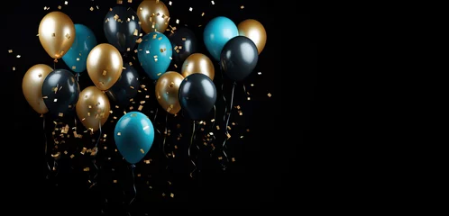 Foto op Canvas Blue and golden balloons with confetti on black background. 3D Rendering, 3d render of blue and golden balloons with confetti on Black background, AI Generated © Iftikhar alam