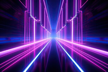 3d render, abstract background with neon lines, tunnel, corridor, 3d render pink blue neon lines geometric shapes, AI Generated