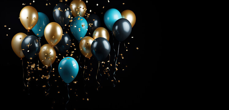 Blue and golden balloons with confetti on black background. 3D Rendering, 3d render of blue and golden balloons with confetti on Black background, AI Generated