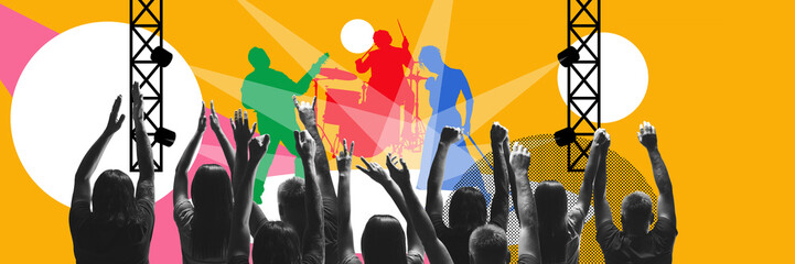 Musicians making live performance, concert. People silhouettes dancing. Contemporary art collage....