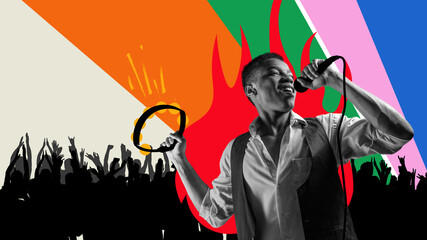 Stylish, young, african man singing in live performance, concert. Dancing people silhouettes. Contemporary art collage. Concept of music festival and inspiration, party. Banner, flyer, ad