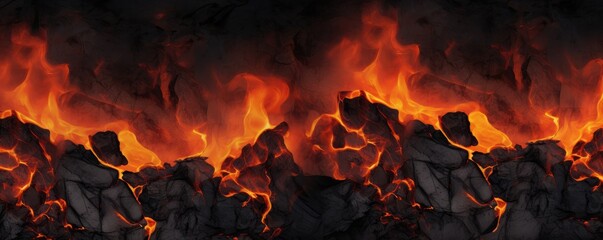 Close up structure of burning coal in fire. Active vulcano panorama.