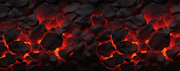 Close up structure of burning coal in fire. Active vulcano panorama. - obrazy, fototapety, plakaty