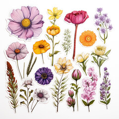 Botanical Set of Flowers and herbs. Bundle of abstract wildflowers. Spring sticker for diary or printing on fabric.