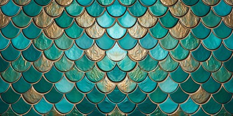 Abstract gold turquoise aquamarine green fish scale ceramic stone tiles texture wall background wallpaper (Generative Ai)