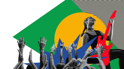 Young stylish woman making live concert, playing guitar. Human hands silhouettes. Contemporary art collage. Concept of music and festival, creativity, inspiration, party, event. Banner, flyer, ad