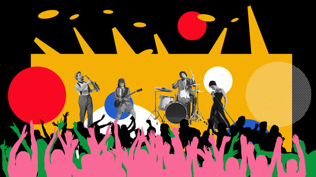 Live concert. Talented people, musicians singing and playing music instruments. Dancing silhouettes of people. Contemporary art collage. Concept of music, festival, party, event. Banner, flyer, ad - Powered by Adobe