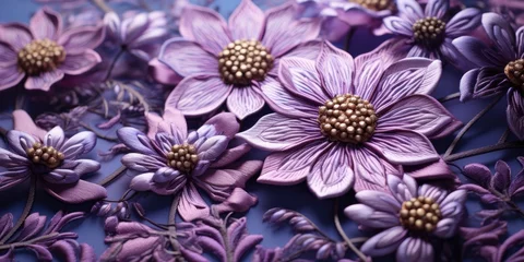 Fotobehang Various purple flowers. Floral background 3D. Generative AI © 22_monkeyzzz
