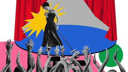 Artistic young woman making love performance, jazz concert, singing on stage. Human silhouettes. Contemporary art collage. Concept of music and festival, inspiration, event. Banner, flyer, ad