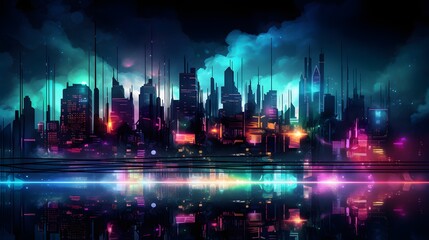 A futuristic night city in the distance glowing with neon light. Surrealistic skyscrapers. Cyberpunk, immersive world of the metaverse. 3D rendering.