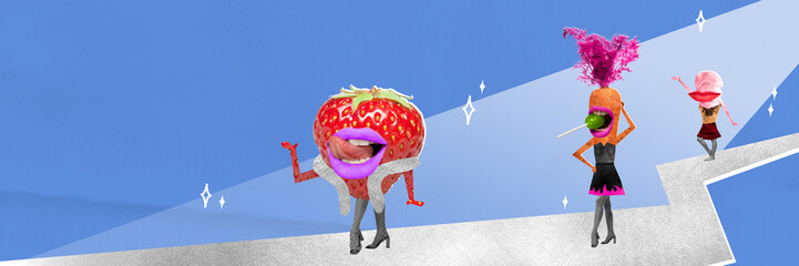 Art collage of podium on which bright strawberry, carrot and ice gream defile over blue background...