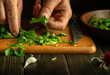The chef prepares a vegetarian dish with fragrant parsley and vegetables on the kitchen table. The concept of cooking vegetable salad for a restaurant or hotel by the hands of a cook