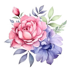 A tender watercolor bouquet of roses on a white background, ai generative