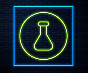 Glowing neon line Test tube and flask chemical laboratory test icon isolated on brick wall background. Laboratory glassware sign. Vector