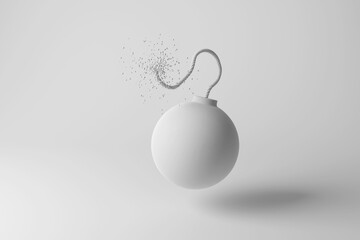 Ignited cannon bomb on white background in monochrome and minimalism. Illustration of the concept of potential threats, risk and problems