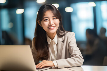 Obraz premium Asian office working girl with a radiant smile sits in front of her laptop computer, immersed in work, against a soothing blue turquoise background. generative AI.