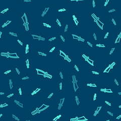Green line Military knife icon isolated seamless pattern on blue background. Vector