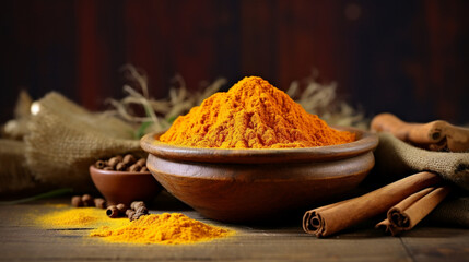 Dried turmeric powder on dark background. Curcuma powder in a wooden bowl with turmeric roots, cinnamon and spices. Popular Indian curry spice also used in medicine or as a natural dye. AI