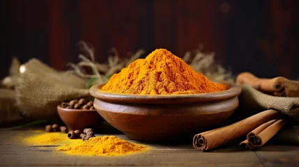 Poster Dried turmeric powder on dark background. Curcuma powder in a wooden bowl with turmeric roots, cinnamon and spices. Popular Indian curry spice also used in medicine or as a natural dye. AI © Alina