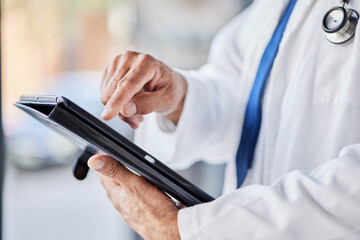 Tablet, doctor hands and person for healthcare information, results and online research or clinic...