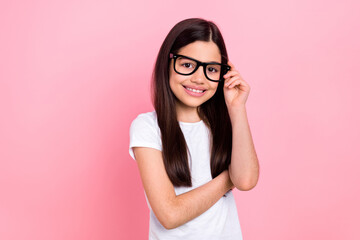 Photo portrait of cute schoolgirl intelligent glasses toothy beaming smile dressed stylish white...
