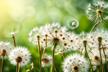 Delight in the sight of white fluffy dandelions swaying gently in the breeze, set against a natural green blurred spring generative ai technology
