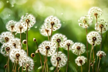 Delight in the sight of white fluffy dandelions swaying gently in the breeze, set against a natural green blurred spring generative ai technology
