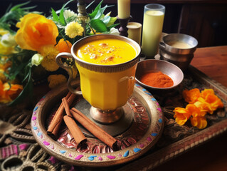Cup of turmeric milk made of animal or plant milk, turmeric, cinnamon, ginger, sweetener or honey. Golden milk, antioxidant immune boosting drink. Moon milk with spices. Indian ayurvedic drink