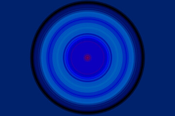 Kreisfläche aus hell- und dunkelblauen Farbringen und rotem Zentrum, mit schwarzer Umrandung; spirituelle, psychedelische, dynamische, musikalische Anmutung; auf blauem Hintergrund