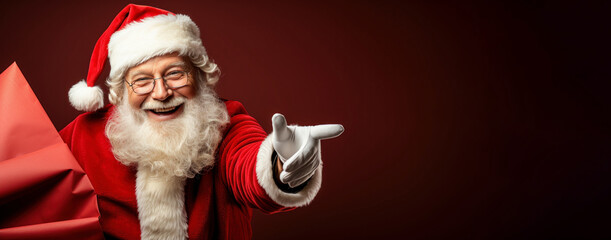 Santa Claus with Copy Space: Pointing Gesture. Merry Christmas concept banner