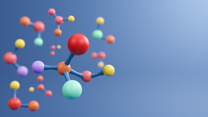 Atom or molecule structure, Scientific research in molecular chemistry. Science background molecule and atom model, inorganic compound. Biotechnology, chemistry, physics, biology, 3d rendering
