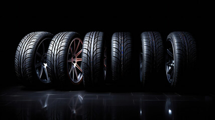 Car tires on dark background, selling tires, tire store banner