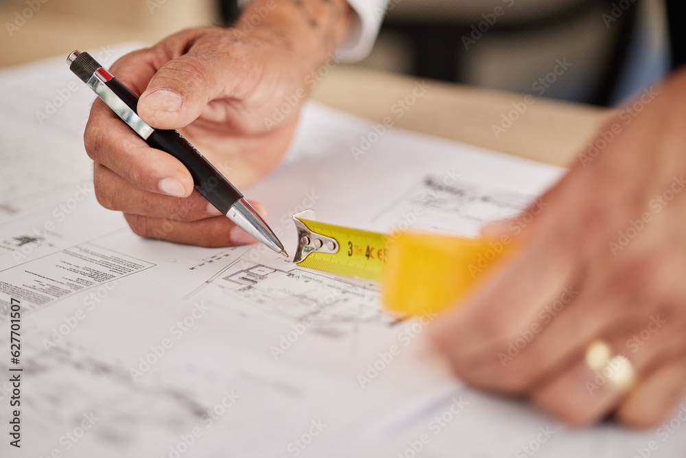 Poster Hands, architecture and tape measure for drawing blueprint, illustration or engineering process of project. Closeup of designer with stationery for lines, property development or sketch of floor plan