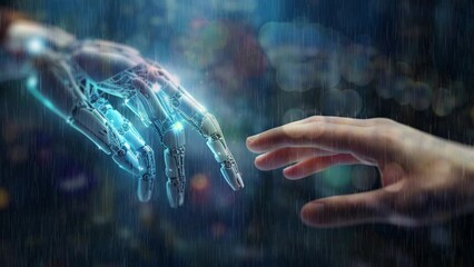 Robot Helping Hand.
Human hand reaching out to touch a robot hand with a raining night time city background.