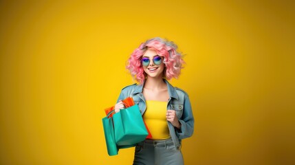 young woman wearing colorful cloth in modern style holding colorful shopping bags and cell phone with big smile, posing as supermodel, Generative AI