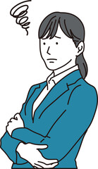 腕を組んで悩むスーツを着た女性