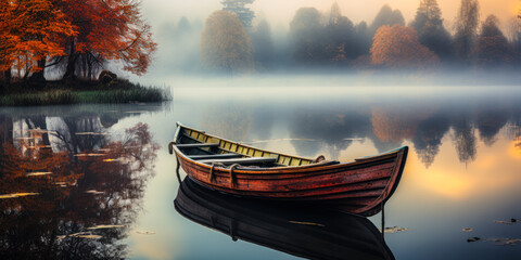 Misty Morning Row: Wooden Boat on a Calm Lake