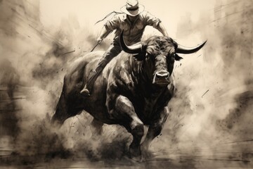 Cowboy riding and taming the wild bull, charcoal drawing on paper.